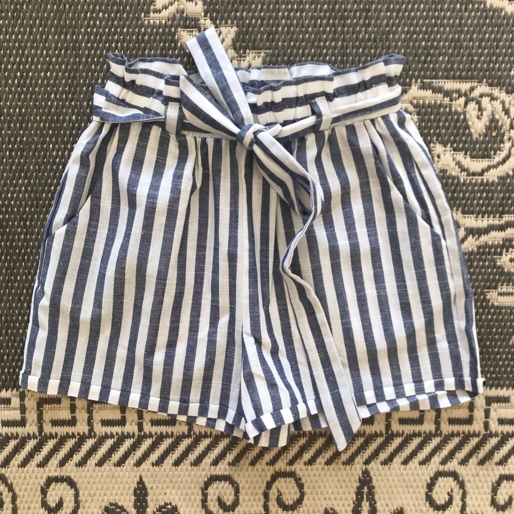 Blue and White Paper Bag Shorts